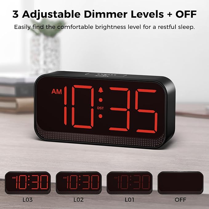 Acedeck Battery Operated Digital Clock: Cordless Small Alarm Clock for Bedroom Travel - Large Numbers 4 Dimmers for All Ages Red Digits