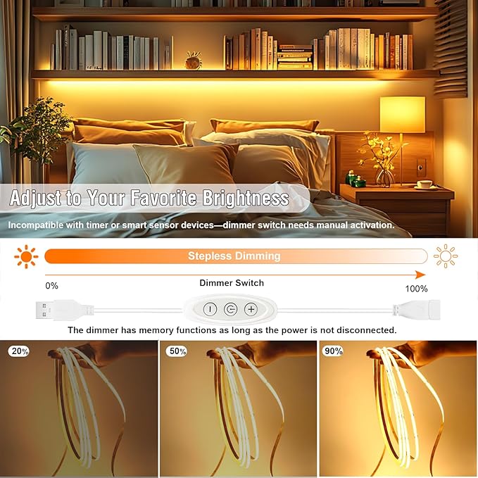 LED Strip Lights 6ft, Warm White COB LED Light Strip USB Powered, Dimmable 2700K CRI92+, Cuttable Flexible TV Backlight for Cabinet Bedroom Kitchen