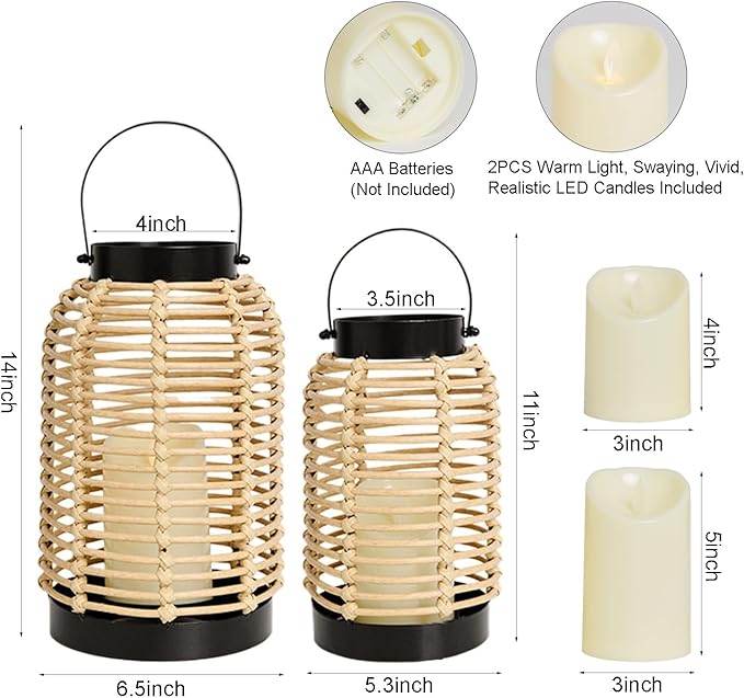 14in Lanterns Decorative for Home Decor- Decorative Candle Lanterns w/ LED Candles- Boho Rattan Woven Hanging Black Lanterns Decor for Indoor, Outdoor, Patio & Porch, Tabletop, Fireplace & Mantle
