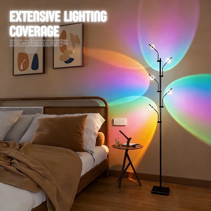 BJLIFE 5 Head Sunset Lamp Projector, Super Bright LED Halo RGB Floor Lamp, 72in Tall Ambient Mood Lighting for Bedroom Living Room Dance Party Holiday Live Streaming, 7 * 5 Filters