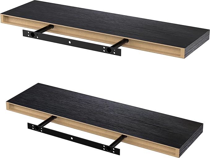 Lufia Floating Wall Shelves, Set of 2, MDF with Invisible Brackets, Modern Storage for Bedroom, Bathroom, Living Room, Kitchen (Black, 24" W x 7" D x 1.5" H)