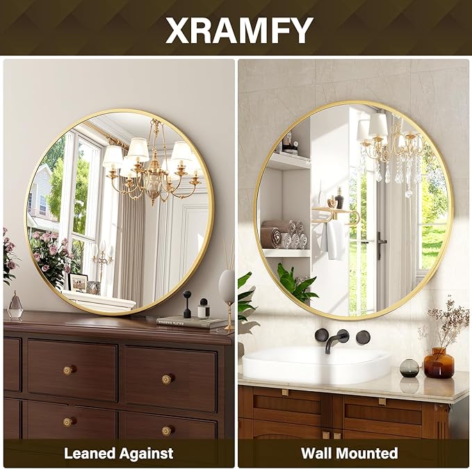 XRAMFY 30 Inch Round Mirror - Circle Mirrors for Bathroom, Entryway and Living Room Wall Decor, Modern Hanging Vanity Mirror, Matte Gold Circle Decorative Wall Mirror