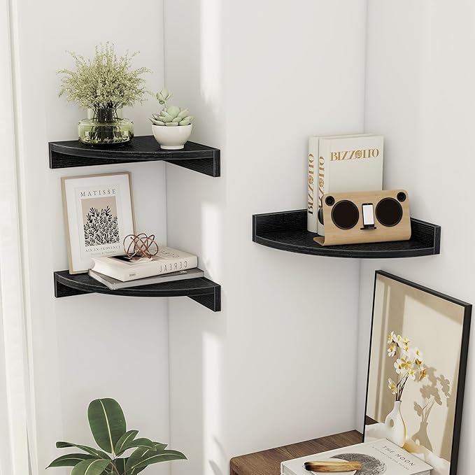Corner Shelves 3-Pack for Bathroom & Kitchen, Space-Saving Floating Corner Wall Shelf with Easy Installation- Black