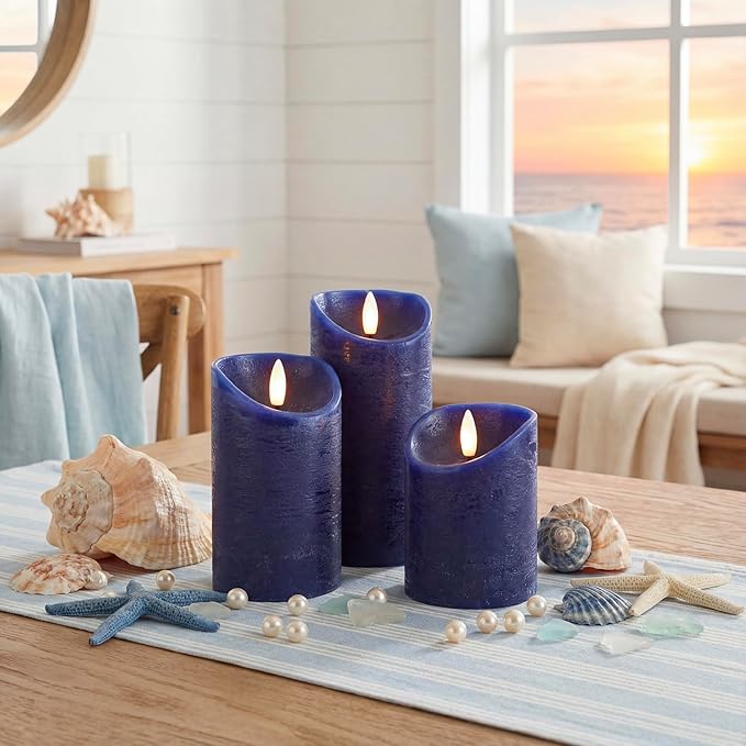 Elyrae Navy Blue Flameless Candles with Remote and Timer, Real Wax Made LED Pillar Candles Battery Operated with 3D Flickering Flame, 3" x 4",5",6", Navy Blue Decor, Set of 3