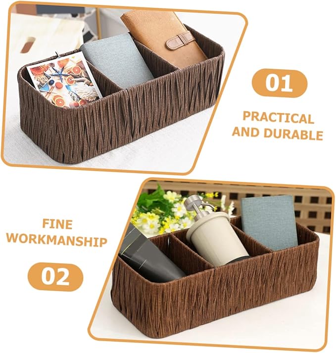 Vintage Woven Storage Box Organizer 3 Compartments Imitated Rattan Design Decorative Tabletop Sundries Basket for Home Office and Craft Supplies