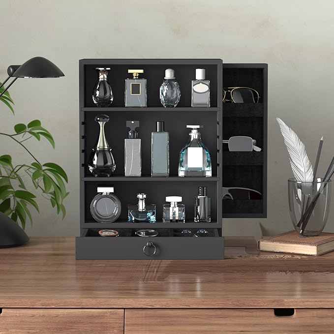 Wooden Cologne Organizer for Men Sliding 4 Tiers of Standing Perfume Display Stand with Side & Under Double Drawers Large Storage Perfume Organizer Display Shelf Holder,Gift for Man (Classic Black)
