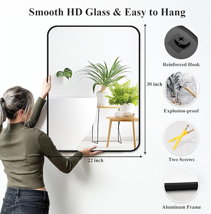 Fabuday Black Bathroom Mirror for Over Sink - 22x30 Matte Metal Framed Wall Mirror, Rounded Rectangular Vanity Mirrors for Living Room, Bedroom, Entryway, Hallway, Horizontally/Vertically
