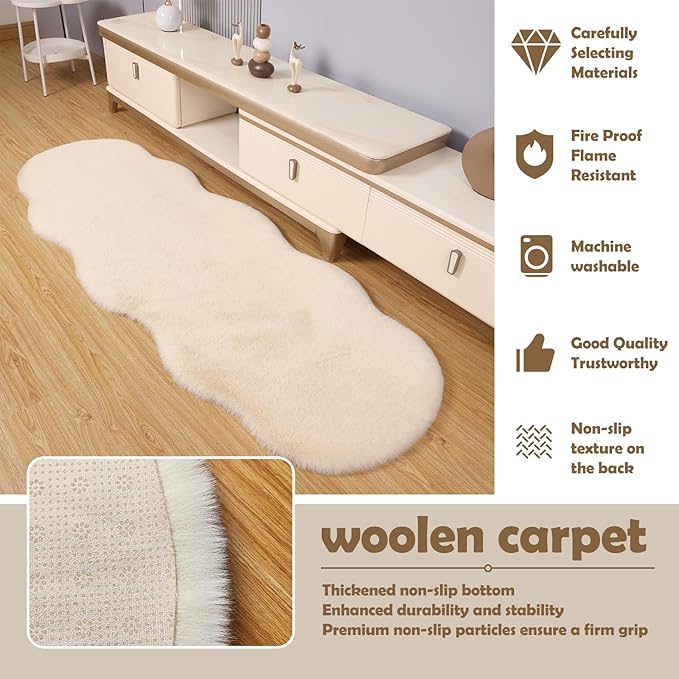 Fluffy Synthetic Rabbit Fur Area Rug Furry Floor mat Machine Washable Non-Slip Backing High Density Floor and Sofa Seat Cushions for Living Room White and Blue 2x6 ft