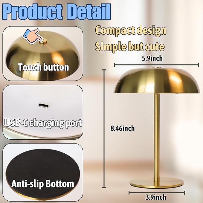 2 Pack Cordless Mushroom Table Lamp with 5200mAh Rechargeable Battery, Portable LED Night Light with Stepless Dimming, 3 Color Modes for Bedroom, Patio, Bar Decor and Coffee Shop Ambiance (Gold)