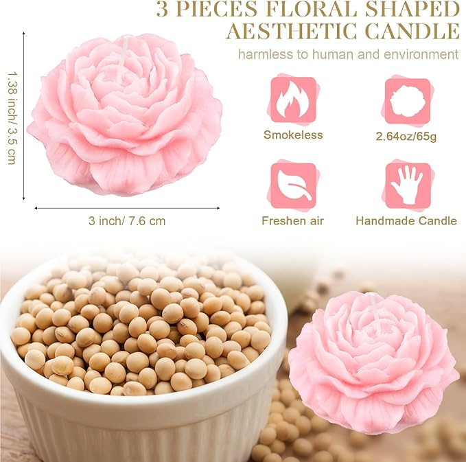 Roowest 3 Pcs Flower Shape Trendy Candles Floral Shaped Aesthetic Candle Soy Wax Handmade Minimalism Decorative for Home Spa Yoga Decor Art Gift(Pink)