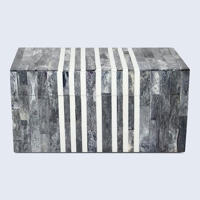 Handicrafts Home Large Decorative Storage Box with Lid, Patisserie Cafe Stripe Pattern Memory Keepsake Box, Deep Storage Organizer for Coffee Table Decor, Wooden Gift Storage Box, Grey & White, 10x5x5
