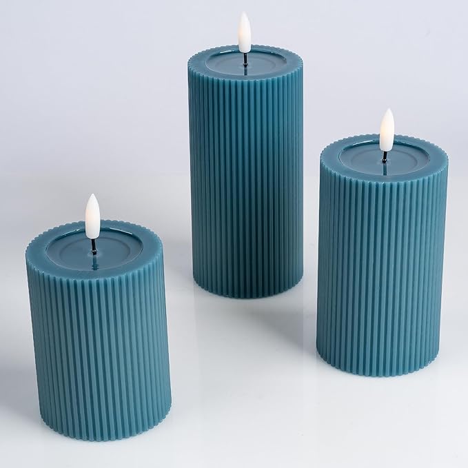 Fluted Ribbed LED Pillar Candles, Blue, with Reflective Melted-Wax Effect – Flickering Flame, Remote, Dimmable, Flameless, Battery Operated, Home & Wedding Decor (Set of 3)