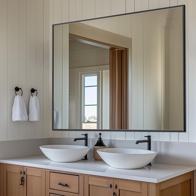 Antok 48x36 Black Metal Framed Bathroom Mirror, Wall Mirror with Round Corners, Vanity Mirror for Over Sink, Anti-Rust Tempered Glass, Horizontal/Vertical Hanging for Bathroom, Living Room, Entryway