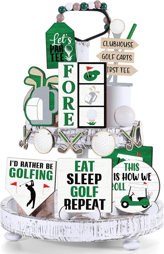 FairySandy 13 Pcs Golf Tiered Tray Decoration Wooden Golf Table Centerpieces Decor Rustic Wooden Sport Game Sign for Fans Ball Theme Party Supplies
