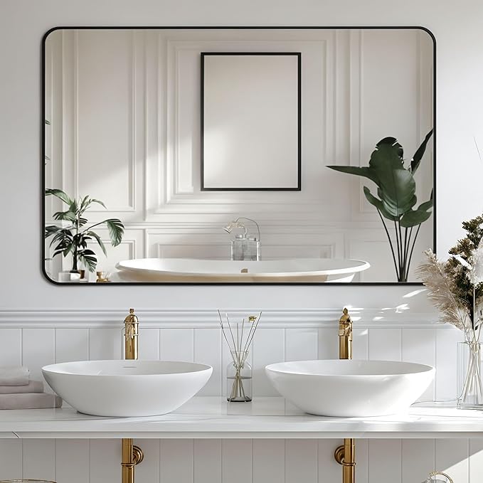 Antok 60x30 Black Metal Framed Bathroom Mirror, Wall Mirror with Round Corners, Vanity Mirror for Over Sink, Anti-Rust Tempered Glass, Horizontal/Vertical Hanging for Bathroom, Living Room, Entryway