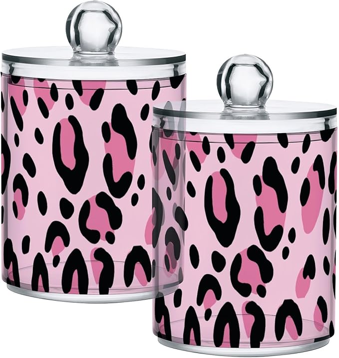 4 Pack Qtip Holder Dispenser Pink Leopard Print Cheetah Cotton Ball Swab Round Pads Floss Clear Bathroom Storage Containers Plastic Apothecary Jars with Lids