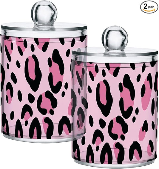 2 Pack Qtip Holder Dispenser for Cotton Ball Pink Leopard Print Cheetah Cotton Swab Round Pads Clear Plastic Acrylic Jar Set Bathroom Canister