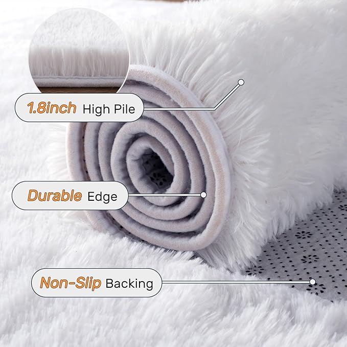 5x7 ft White Rugs for Living Room Fluffy Bedroom Rug Non-Slip Area Rugs Shag Carpet for Nursery Kids PlayRoom Dorm Office Indoor Modern Plush Carpets Teens