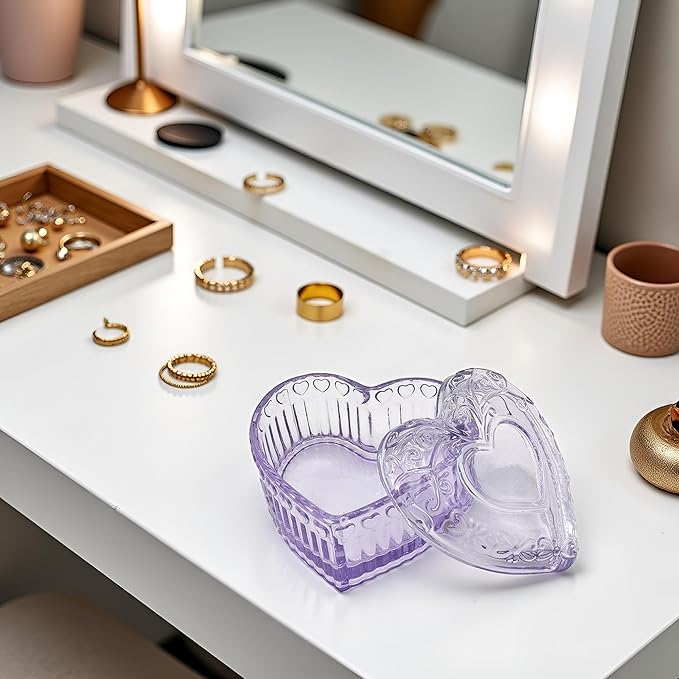 Glass Jewelry Box Heart Shape Cute Box for Storage Ring Earring Trinket Vintage Jewelry Organizer Decorative Gift for Women Girls-GRB003-Purple