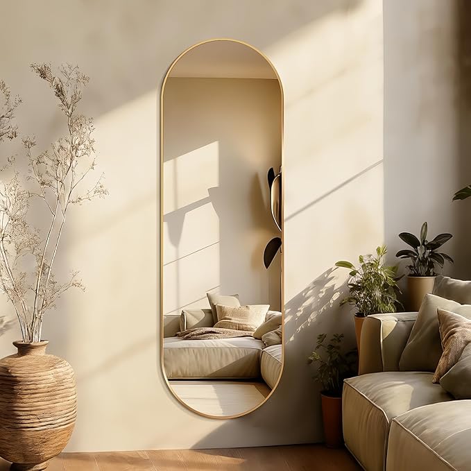 Oval Full Length Mirror, 60"×19" Wall-Mounted Mirror with Metal Frame, Ultra-Clear Explosion-Proof, Simple and Classic Deco for Cloakroom/Bedroom/Living Room, Gold