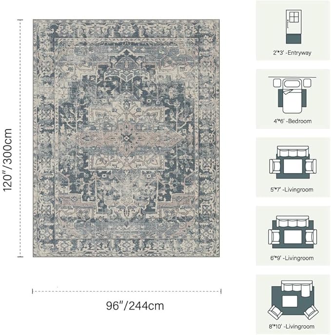 Rugxara 8x10 Area Rugs for Living Room Bedroom, Large Washable Rug, Blue Vintage Retro Boho Rug, Non Slip & Low Pile Faux Wool Thin Carpet for Indoor Dining Room and Kids Room(Blue 8x10ft)