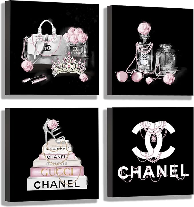 Meetdeceny Black And White Wall Art/Pink Book Pictures Room Decor for Teen Girls/Women Handbag Perfume Wall Decor for Living Room/Fashion Canvas Artwork Size 10"x 10"x 4 Pieces