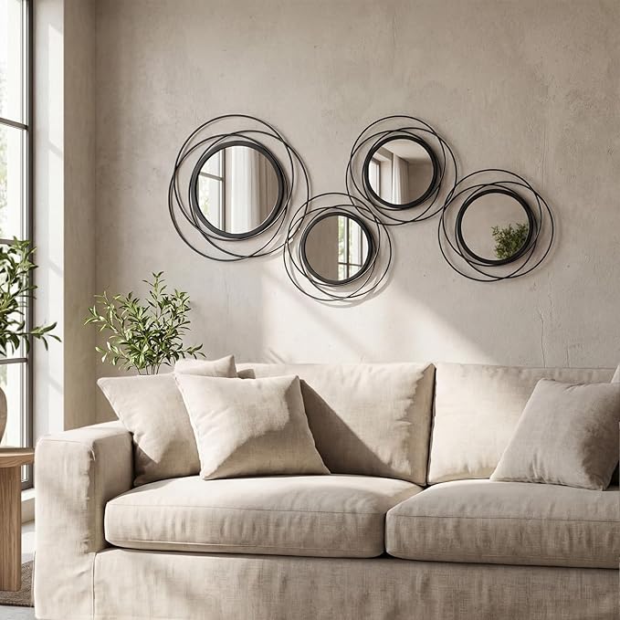 4 Piece Gold Round Wall Mirror Set Modern Metal Circle Home Decor for Living Room Bedroom Entryway 11/9 Inch Decorative Mirrors Minimalist Wall Art for Home
