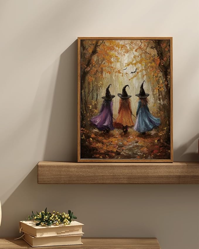 InSimSea Framed Canvas Wall Art, Mystical Witch Art Prints, Halloween Fall Decor for Living Kids Room Bedroom Hallway Entryway Fireplace, Cute Autumn Forest Decor, 12x16 Inch