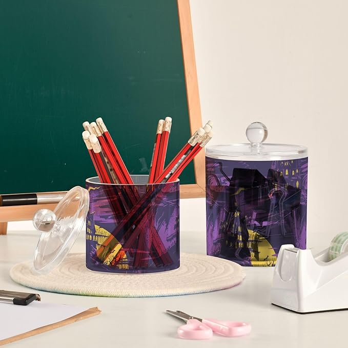Haunted House on Haunted Hill Purple Clear Plastic Makeup Organizer Storage with lid Bathroom Essentials Decorative Dental floss storage jar for Cotton Swabs,Cotton Pads,Floss Picks,Paper