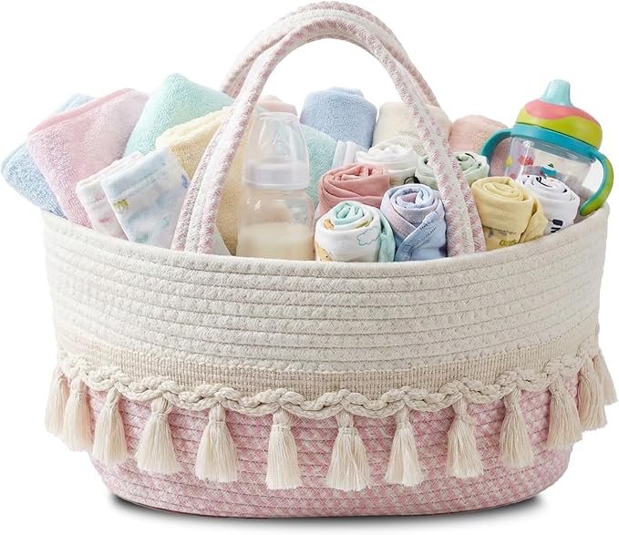 Diaper Caddy Organizer, Stylish Nursery Storage Basket, Baby Shower Basket with Tassel Decorative Appearance, Portable Storage Basket Suitable for Family and Car Travel (pinkish white)