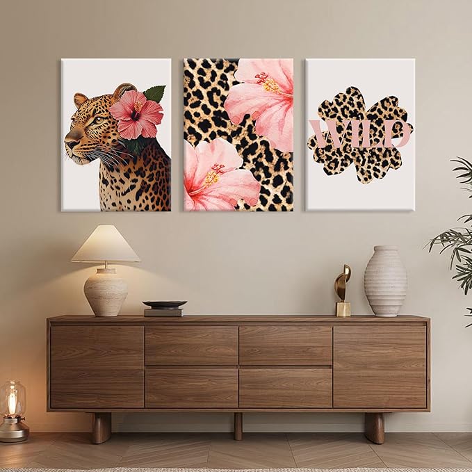 Trendy Leopard Wall Art Pink Cheetah Print Room Decor Leopard Flower Canvas Wall Decor Cheetah Aesthetic Poster Girly Pink Preppy Picture Funky Y2k Artwork for Girl Bedroom 16x24x3 Inch Wrapped Canvas
