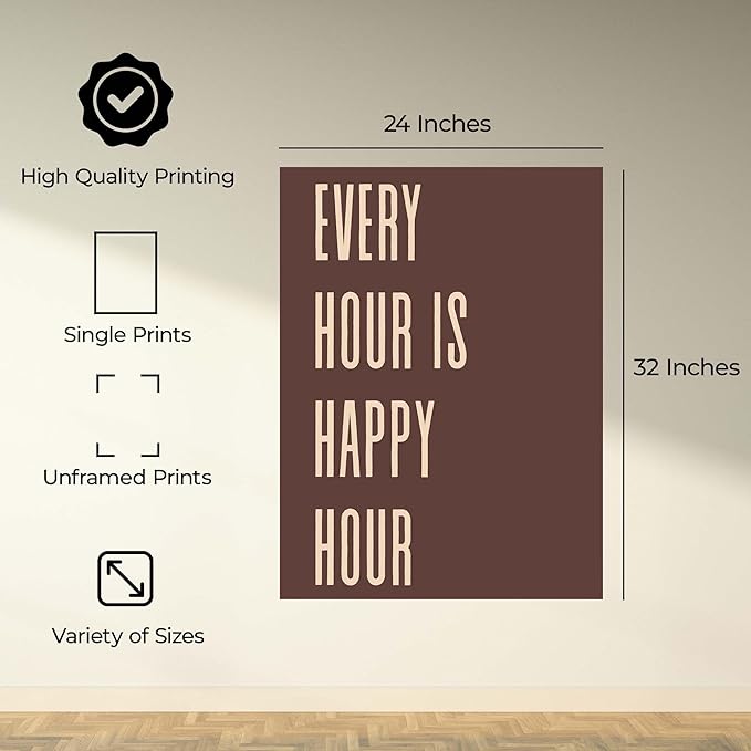 InkFlow Posters Every Hour Happy Hour Poster - Retro Typography Quote Art - Warm Brown Minimal Design - Kitchen Bar Wall Decor Accent - Modern Home Print - 24x32 Unframed Canvas Print