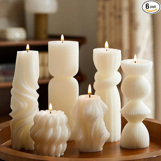 6 Pcs Small Handmade Ribbed Pillar Candle Set, Soy Wax Modern Home Decor for Living Room Bedroom, Aesthetic Table & Shelf Decor, Perfect Housewarming Gift (White, Small)