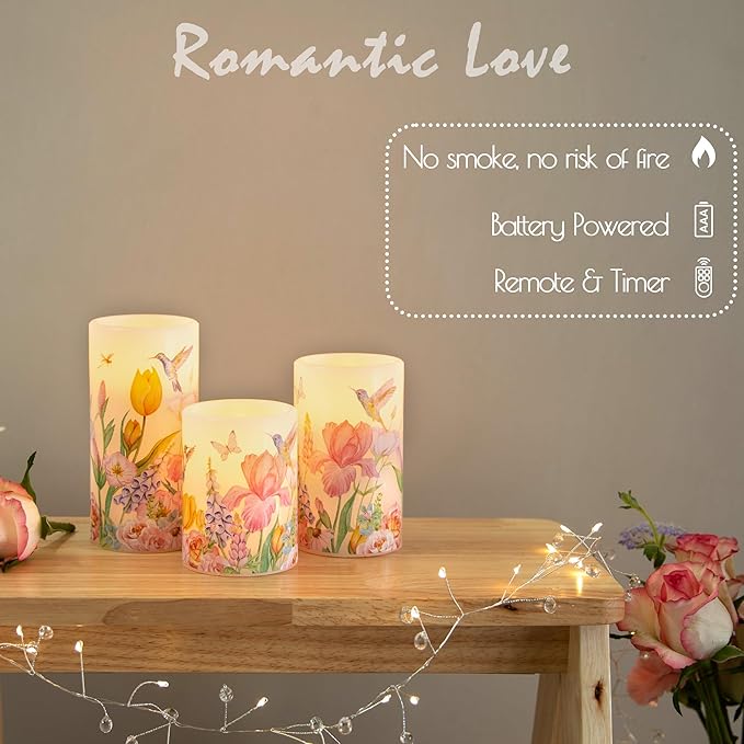 LUSHARBOR Flameless Candles with Remote, Battery Operated Candles Real Wax Hummingbird Flickering LED Candles Floral Christmas Decor Electric Pillar Candles Set of 3