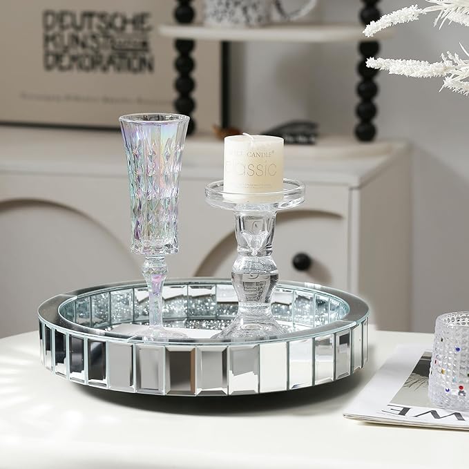 11” Rotating Makeup Perfume Organizer,Silver Glass Vanity Tray fits Dresser Bedroom,Round Perfume Display Holder,Crushed Diamond Home Decor,Gift Idea for Women