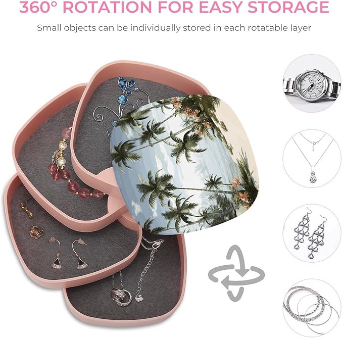 Tropical Palm Trees Jewelry Box 360°Rotating Storage Boxes Small Travel Earring Organizer with 4-Layers Rotatable Jewelry Storage Organizer for Ring Necklaces Makeup