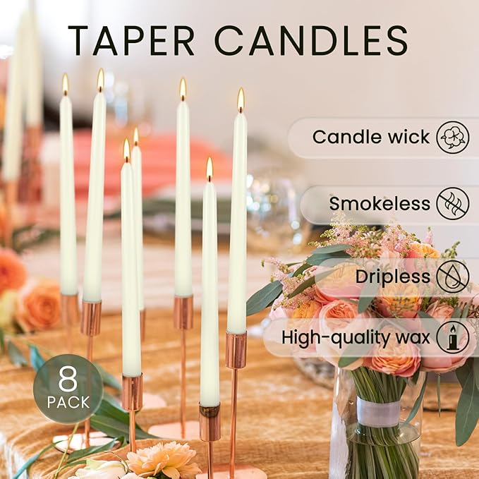 Howemon 8 Pack Ivory Taper Candles 10 Inch Tall 3/4 Inch Thick Burn 8 Hours