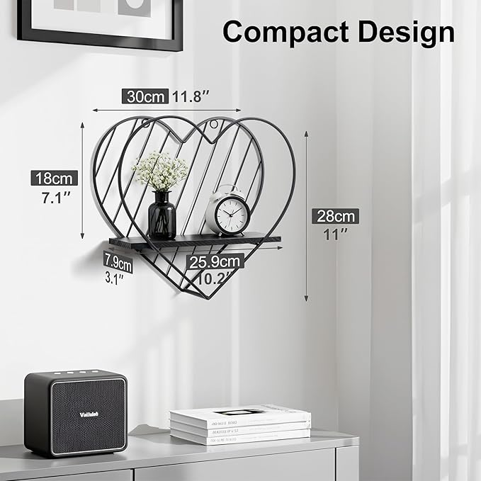 Afuly Floating Shelves - Black Wall Shelf, Heart Shaped Modern Minimalist Storage Rack Organizer for Bedroom, Bathroom, Living Room Home Decor