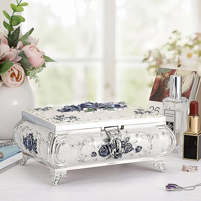 Hipiwe Metal Decorative Jewelry Box Vintage Treasure Chest Case Ornate Trinket Organizer Earrings Necklace Bracelet Storage Box Ring Holder Keepsake Box for Women