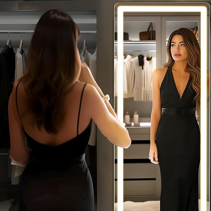 DUMOS LED Full Length Mirror, 26"×70" Floor Standing Mirror with 3 Color Lights & Wall Mounted for Bedroom, Dressing Room, Living Room, Bathroom