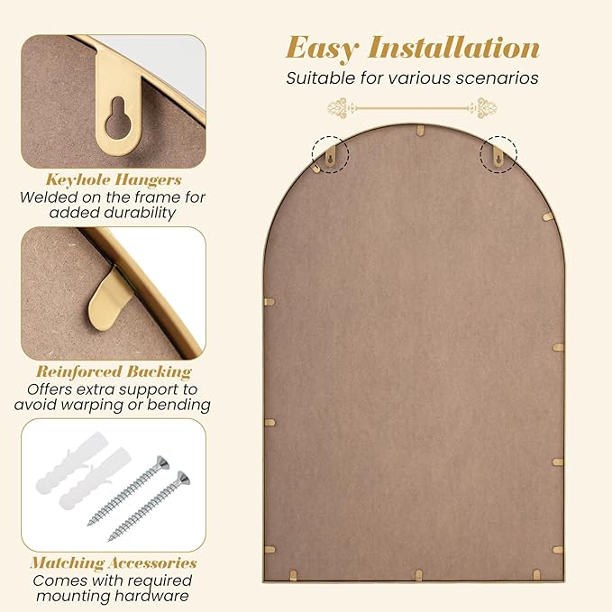 Tangkula 35" x 23" Gold Arched Wall Mirror, Decorative Mirror with Beaded Frame for Living Room, Entryway, Fireplace, Bedroom, Modern Vintage Wall Decoration (Arched)