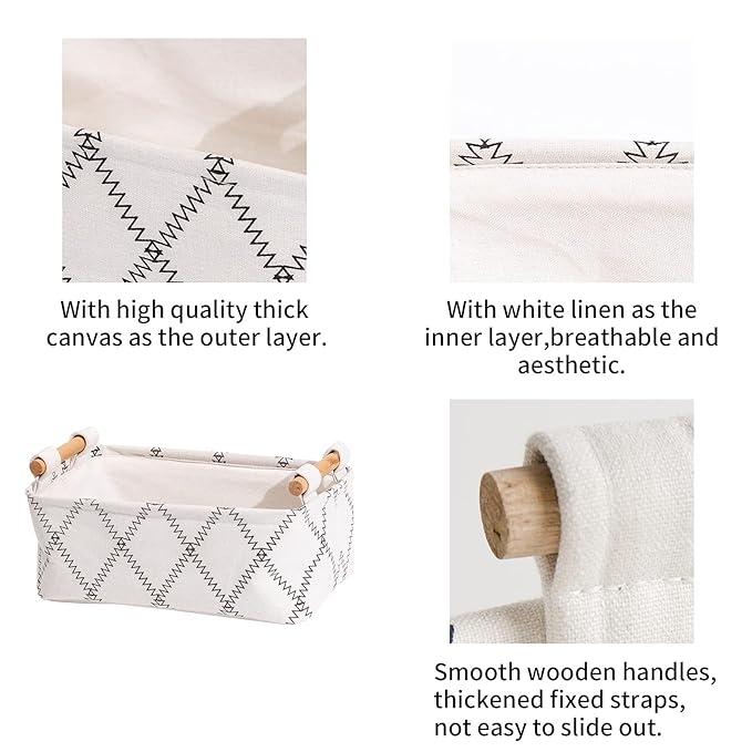 Decorative Collapsible Rectangular Fabric Storage Bin Organizer Basket with Wooden Handles for Clothes Storage,12.6x8.7x4.7 inch,White