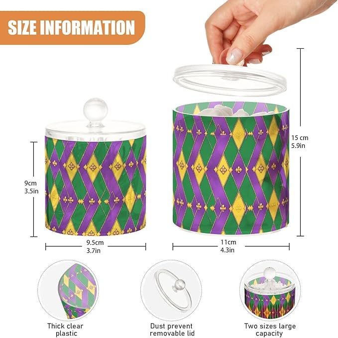 Mardi Gras Purple Green Yellow Diamonds Clear Plastic Makeup Organizer Storage with lid Office Essentials Decorative Dental floss storage jar for Cotton Swabs,Cotton Pads,Floss Picks,Paper