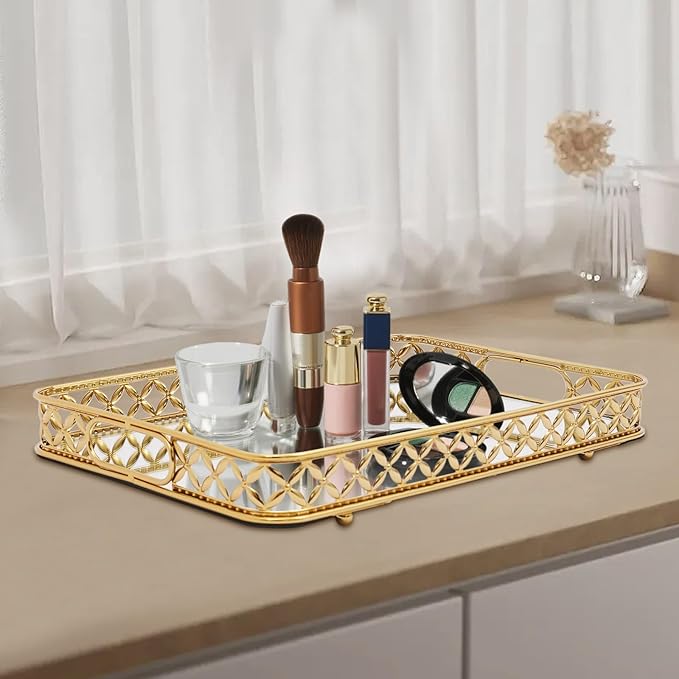 12.6 Inch Gold Mirrored Vanity Tray,Metal Mirror Decorative Jewelry Storage Tray with Handle,Perfume Makeup Organizer Trays for Dresser Bathroom Counter Home Decor