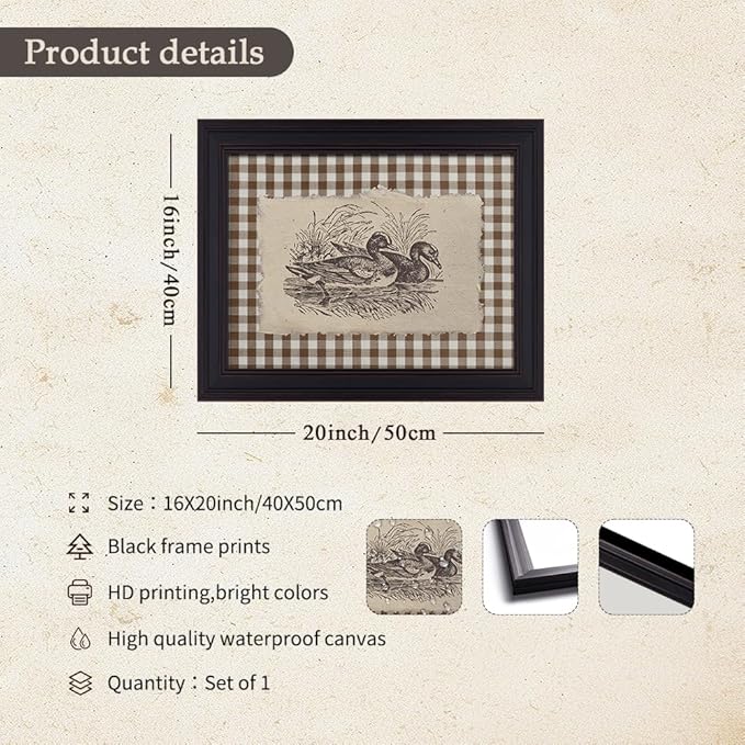 Nature Duck Animal Poster Vintage Brown Gingham Canvas Wall Art Rustic Cottagecore Pond Prints for Country Farmhouse Wall Decor 16X20 inch Vintage Framed