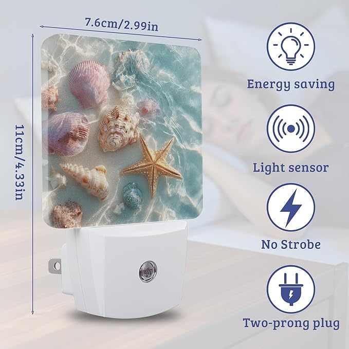 Beach Starfish Night Light Plug Into Wall with Dusk to Dawn Sensor Wall Lamp, LED Nightlights for Bedroom, Bathroom, Kitchen, Hallway, Room Decorative for Boys Girls Women Men Gifts