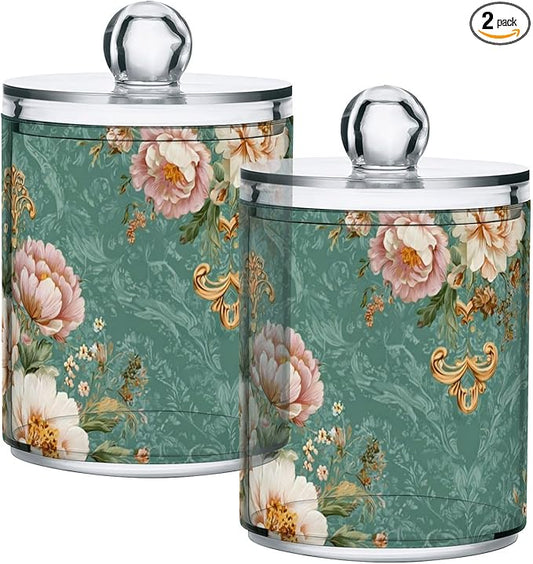 2 Pack Apothecary Jars Floral Motif Collection Green Bathroom Vanity Storage Organizer Set,Small Clear Plastic Storage Jars Bathroom Canister for Cotton Swabs, Rounds, Balls, Qtips,Makeup Spong