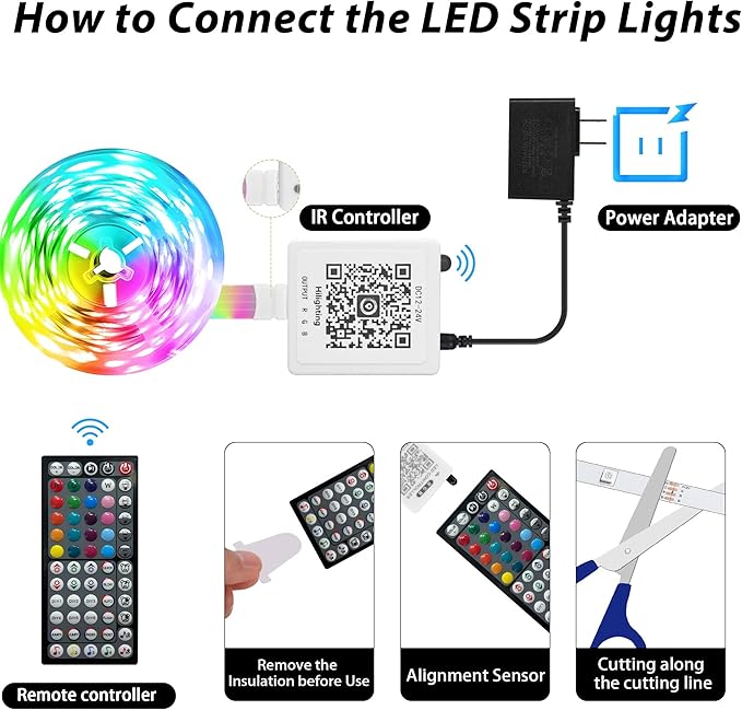 GANZQH 65.6FT Led Lights for Bedroom, Color Changing RGB Led Strip Lights Indoor, Music Sync Led Light Strip with Remote and App Control, DIY Led lights for Room Home Decor Ambient Lighting (1*65.6FT)