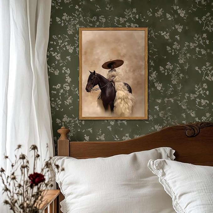 Framed Western Cowgirl Wall Art, Fashion Black Girl Riding Horse Canvas Wall Decor Painting, Black Woman African American Bride Pictures Prints Aesthetic Home Decor for Living Room Bedroom 16x24 inch