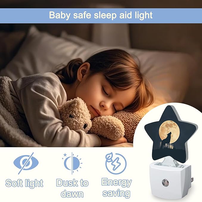Black Wolf Moon Night Light,Animals Plug-in Star Night Lights with Dusk-to-Dawn Sensor for Bedroom,Bathroom,Living Room Sleep Friendly Lamp for Women Girls Boys Gift,0.5W